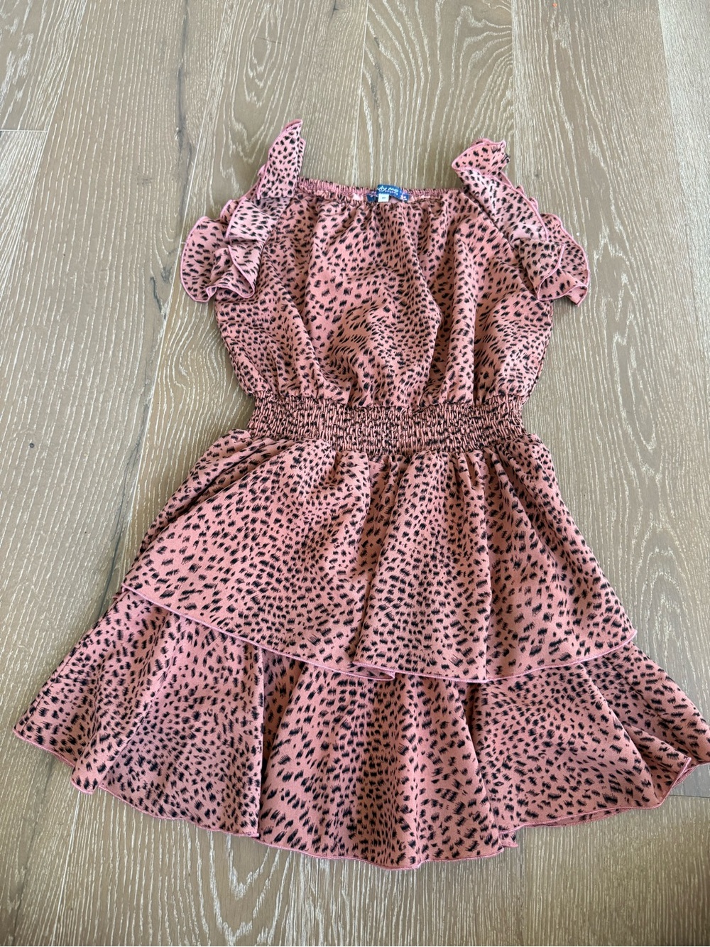 Truly Me by Sara Sara Girls Size 10 Pink/Black Animal Print Smocked Ruffle Dress